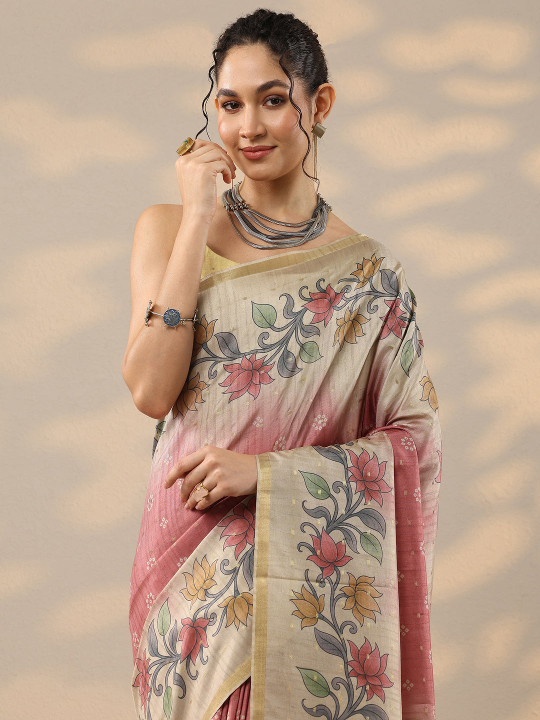Peach Printed Silk Blend Sarees With Unstitched Blouse Piece