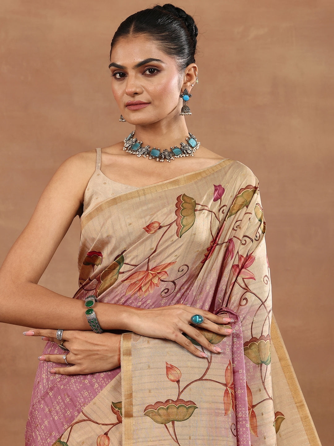 Pink Printed Silk Blend Sarees With Unstitched Blouse Piece