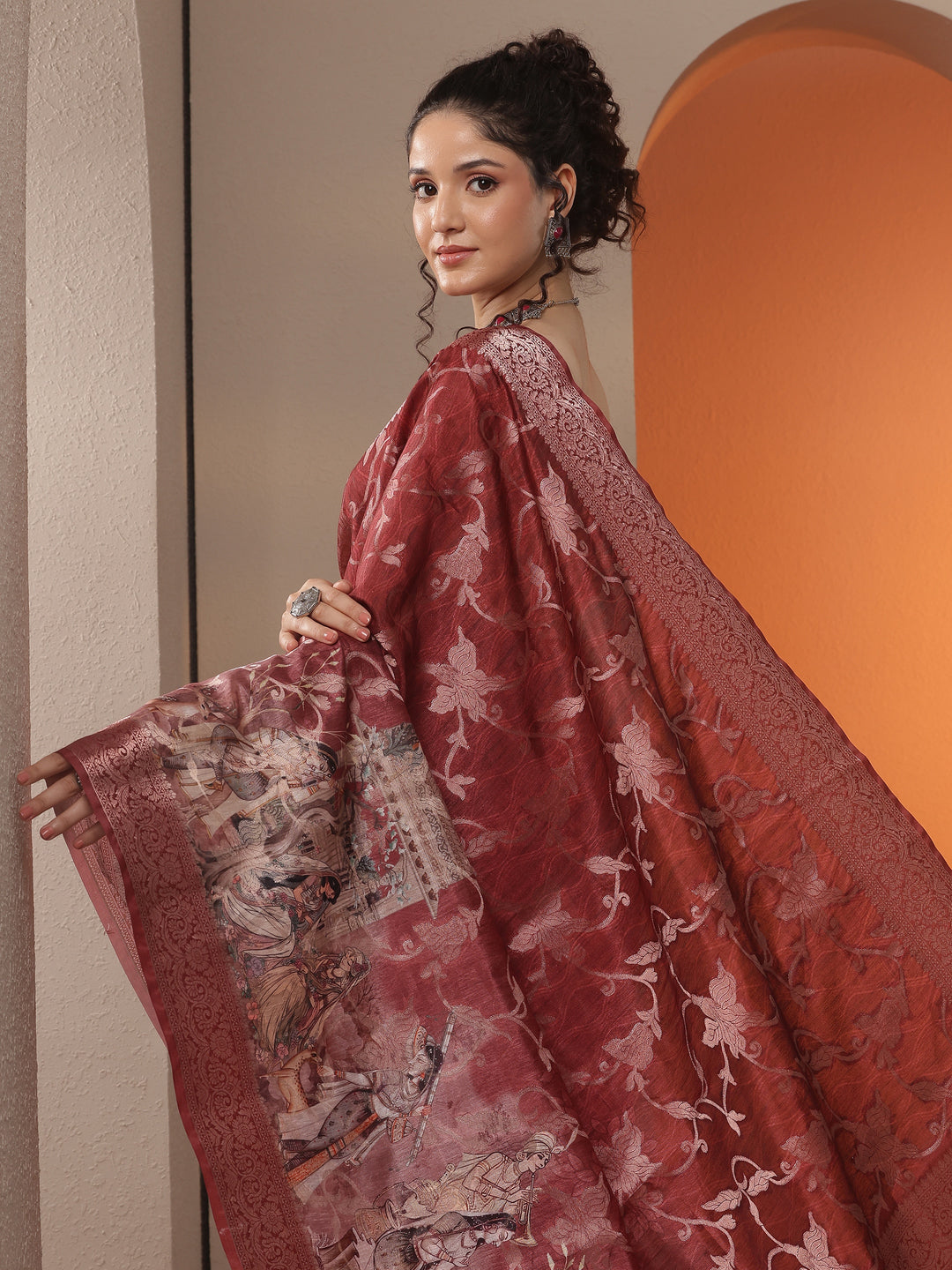Brown Woven Design Silk Blend Saree With Unstitched Blouse Piece
