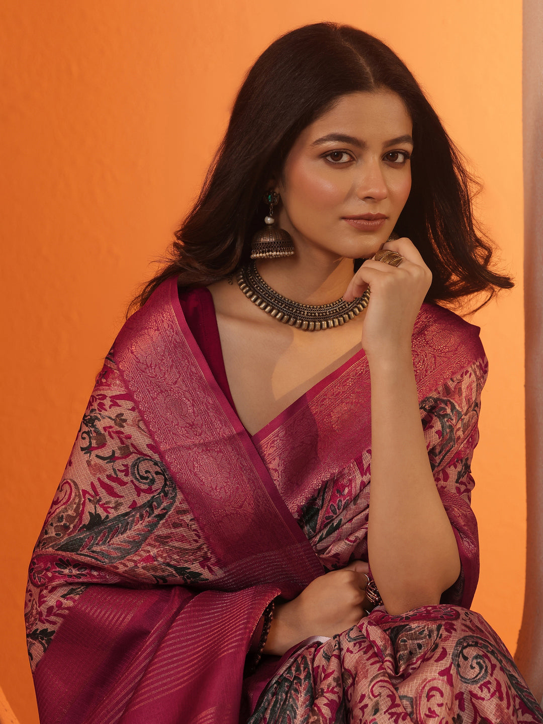 Taupe Printed Kota Saree With Unstitched Blouse Piece