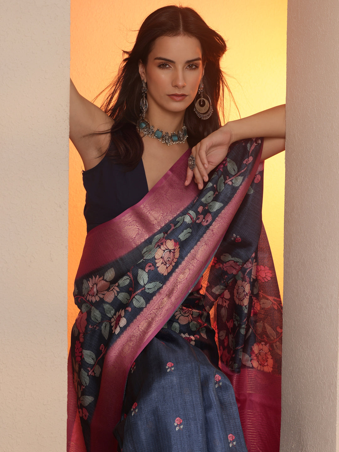 Navy Blue Printed Kota Saree With Unstitched Blouse Piece