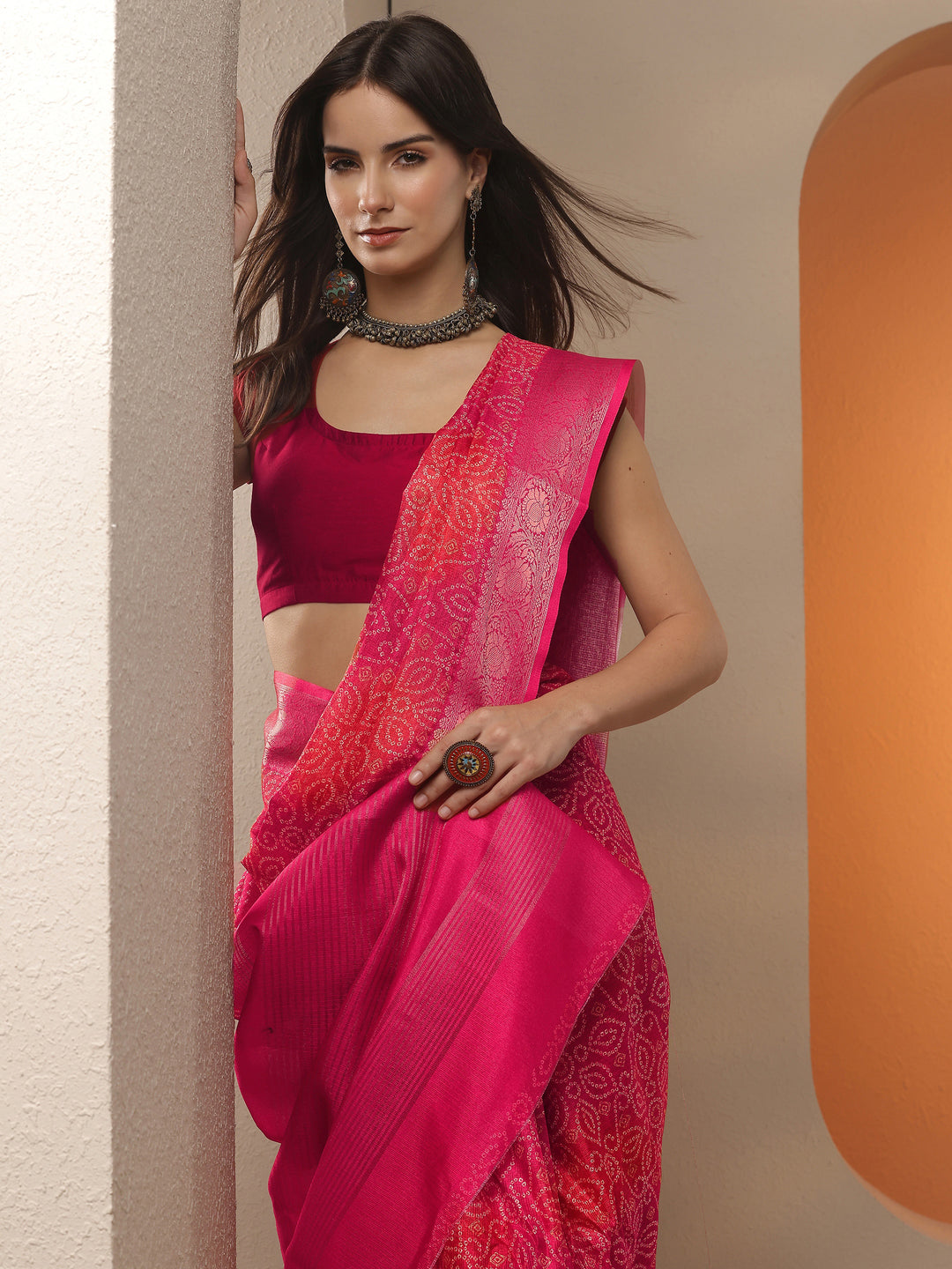 Coral Bandhani Printed Kota Saree With Unstitched Blouse Piece