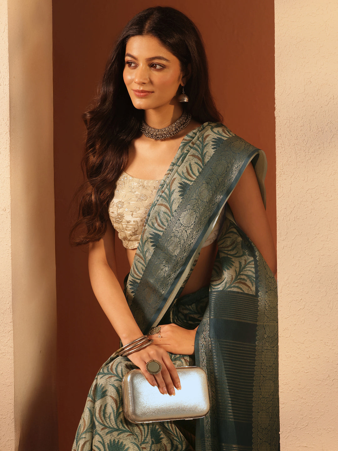 Green Tropical Printed Kota Saree With Unstitched Blouse Piece