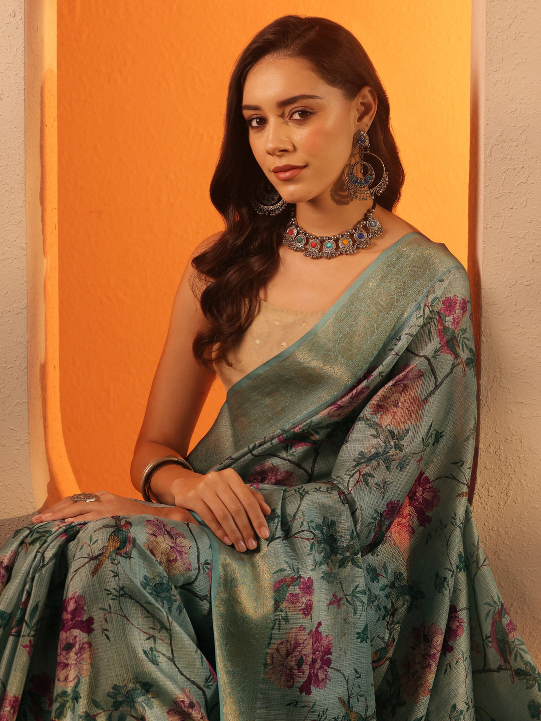 Sea Green Printed Kota Saree With Unstitched Blouse Piece