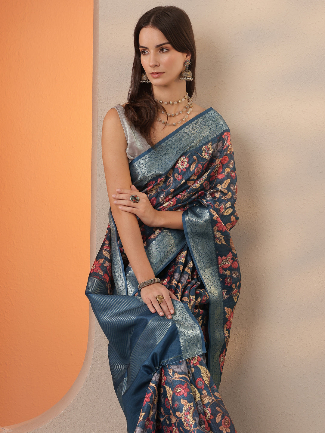 Blue Printed Kota Saree With Unstitched Blouse Piece