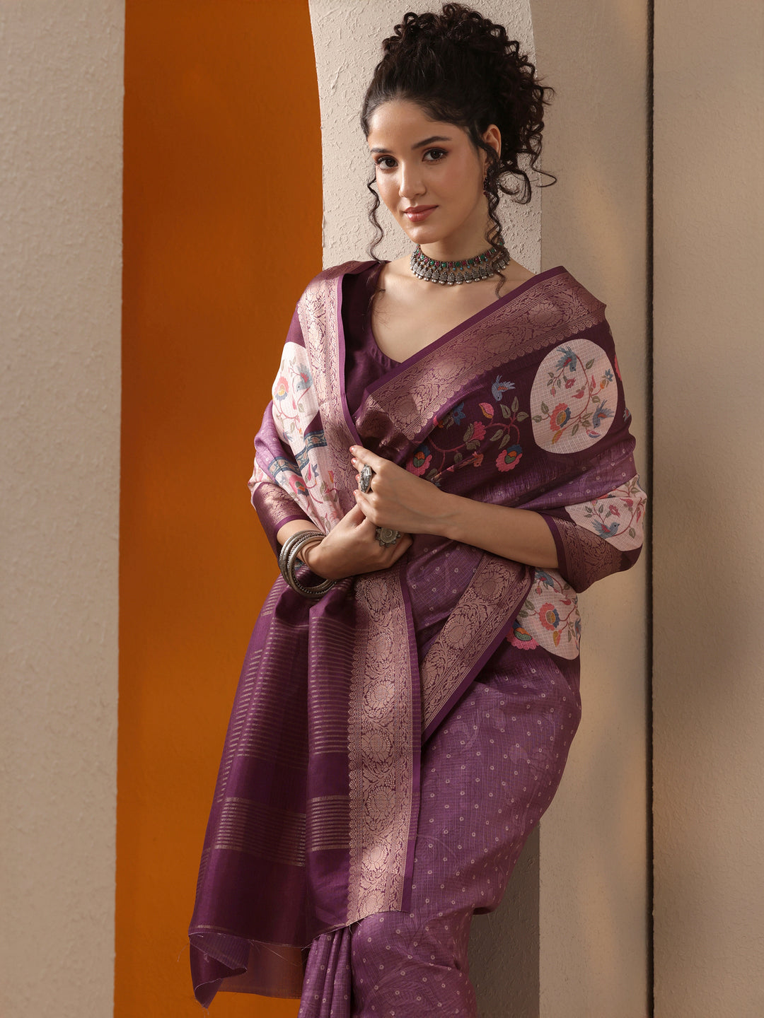 Purple Bandhani Printed Kota Saree With Unstitched Blouse Piece