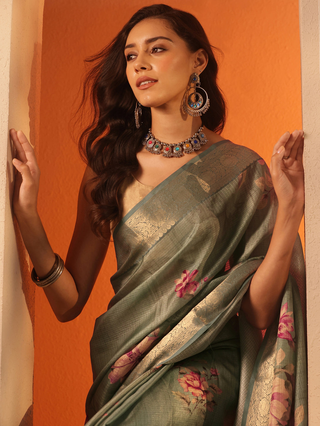 Green Printed Kota Saree With Unstitched Blouse Piece