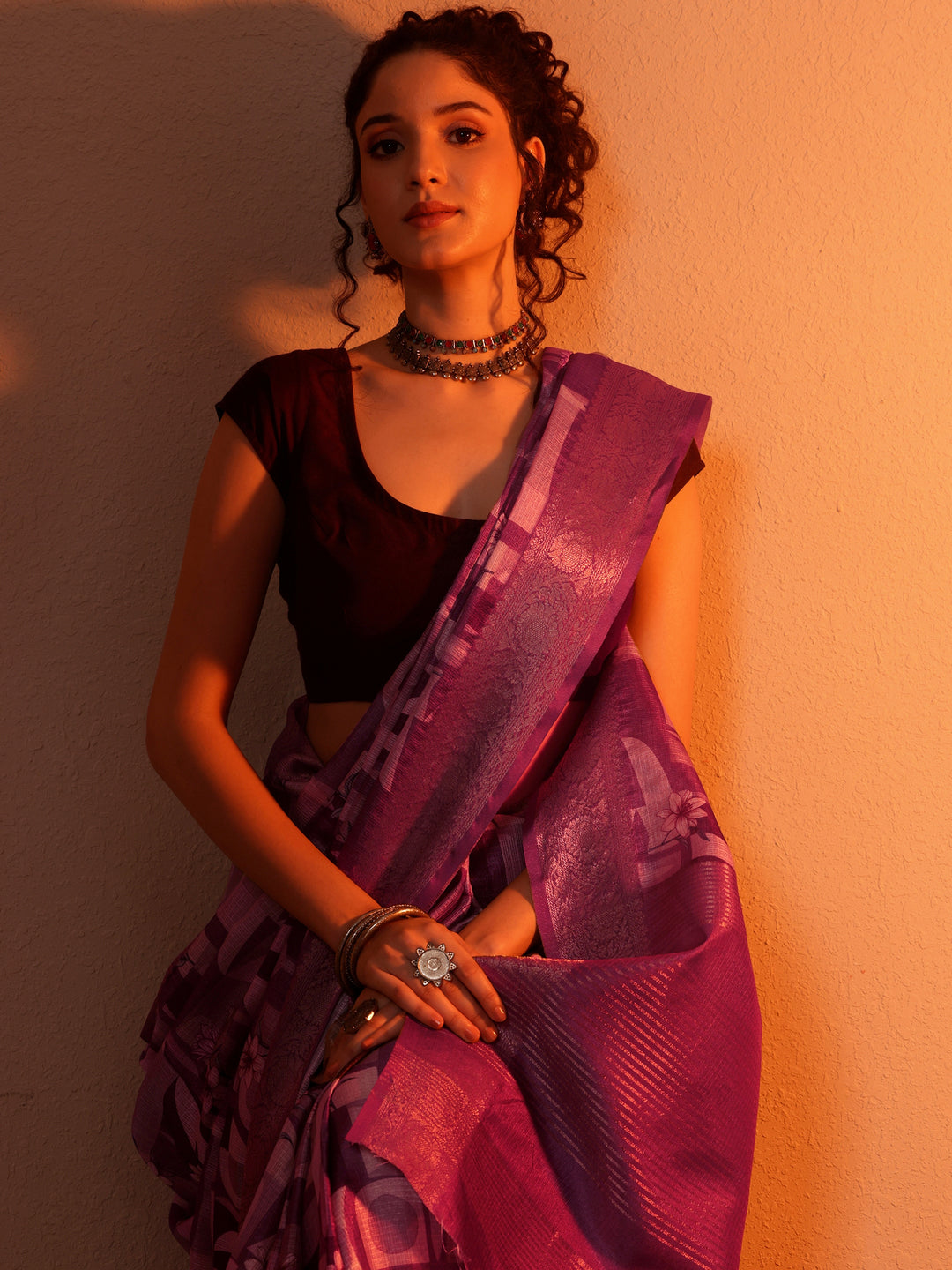 Lavender Printed Kota Saree With Unstitched Blouse Piece