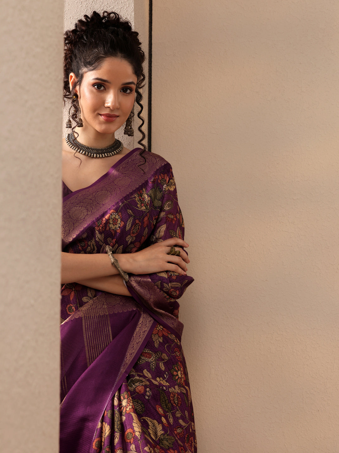 Purple Printed Kota Saree With Unstitched Blouse Piece