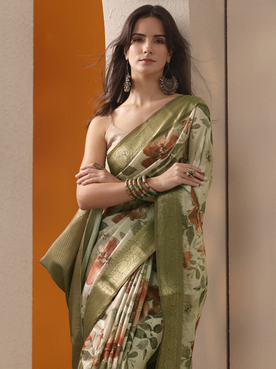Beige Printed Kota Saree With Unstitched Blouse Piece