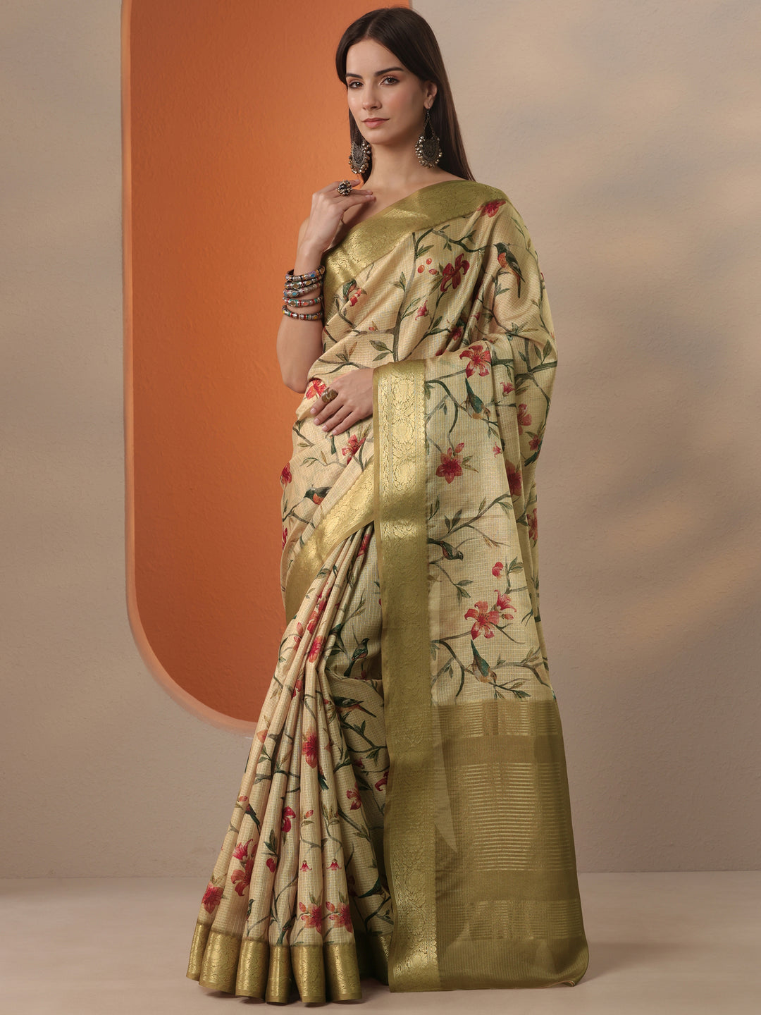 Gold Printed Kota Saree With Unstitched Blouse Piece