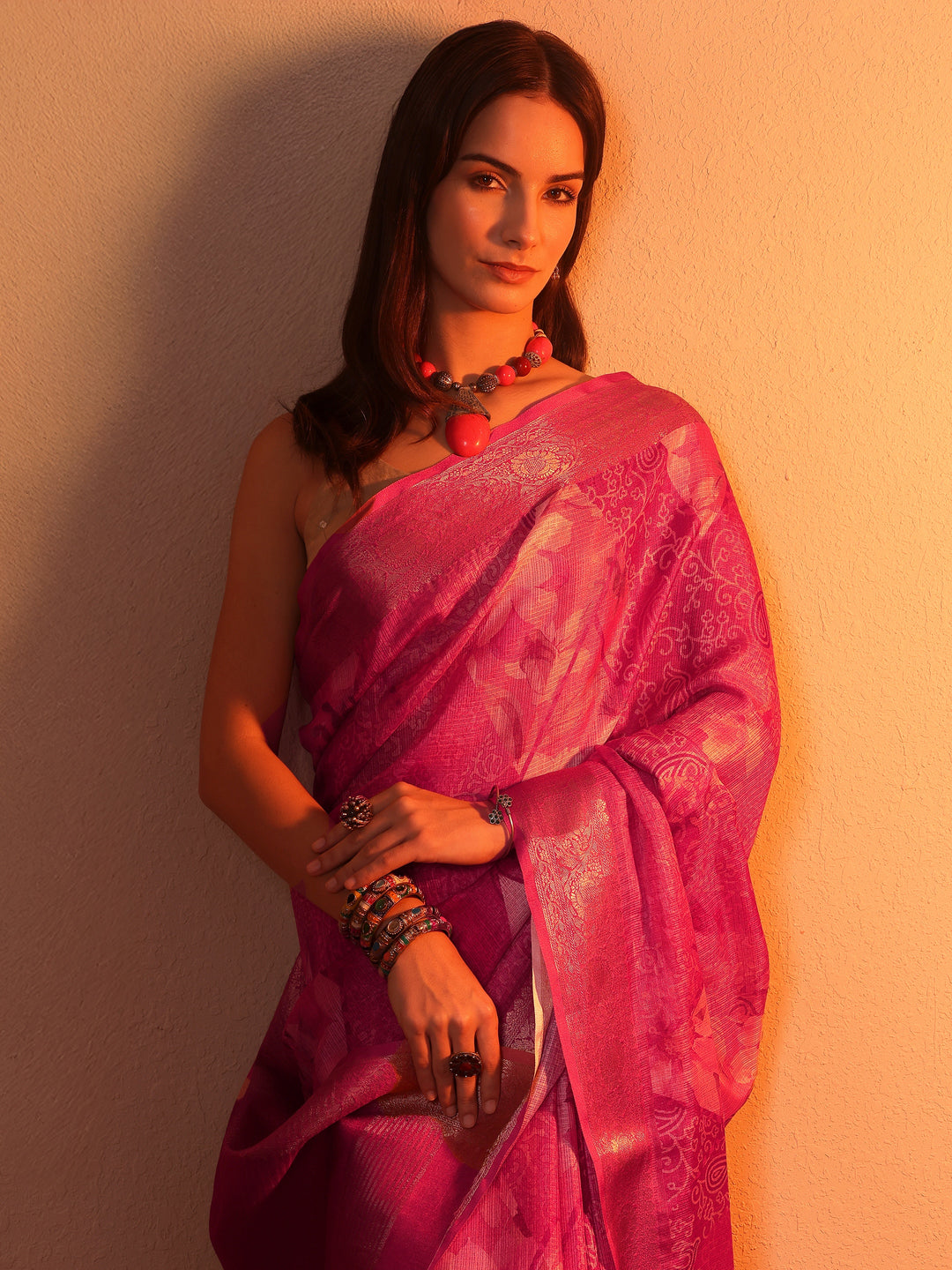 Pink Printed Kota Saree With Unstitched Blouse Piece