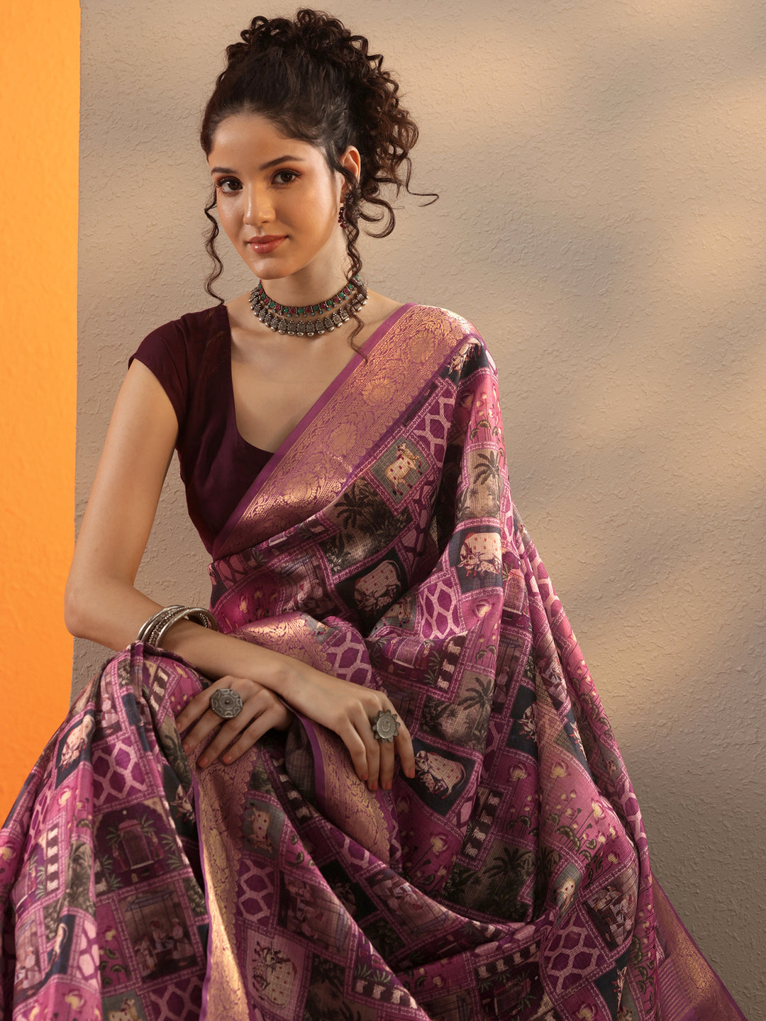 Purple Tribal Printed Kota Saree With Unstitched Blouse Piece