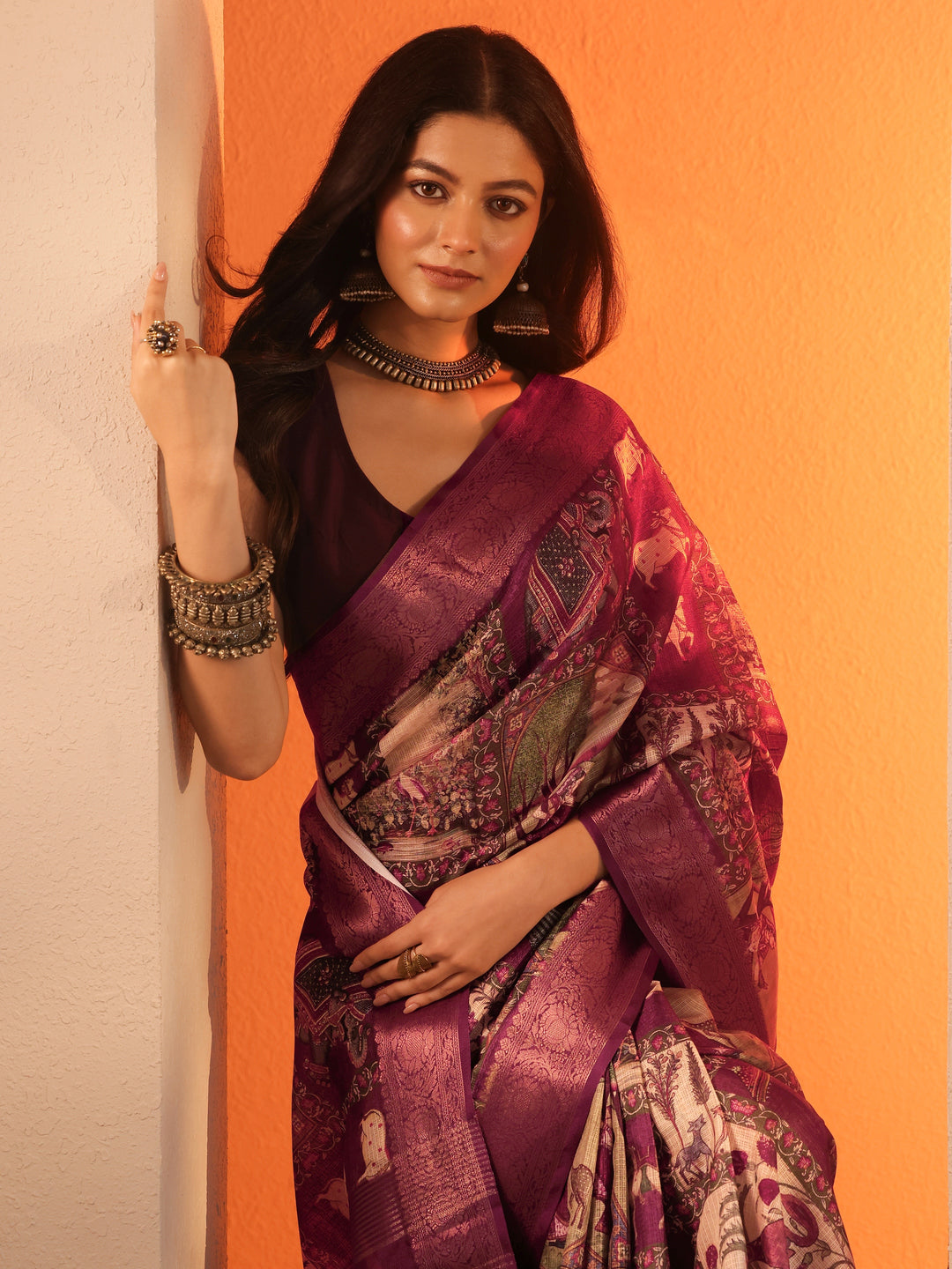 Burgundy Tribal Printed Kota Saree With Unstitched Blouse Piece