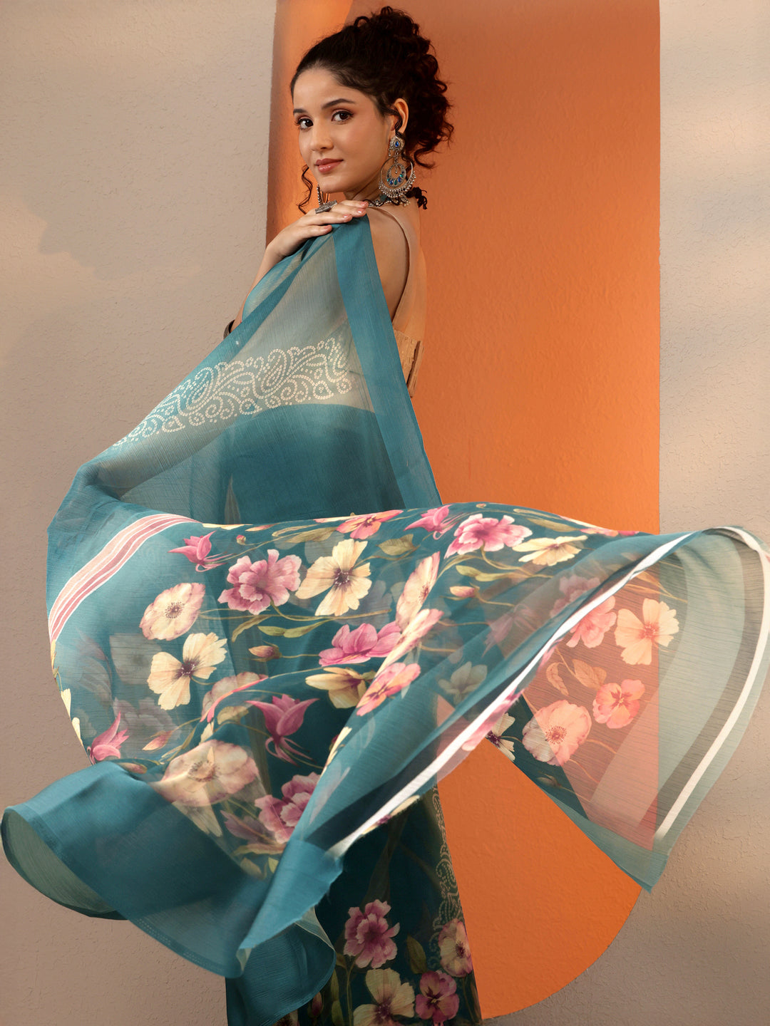 Teal Bandhani Printed Chinon Saree With Unstitched Blouse Piece