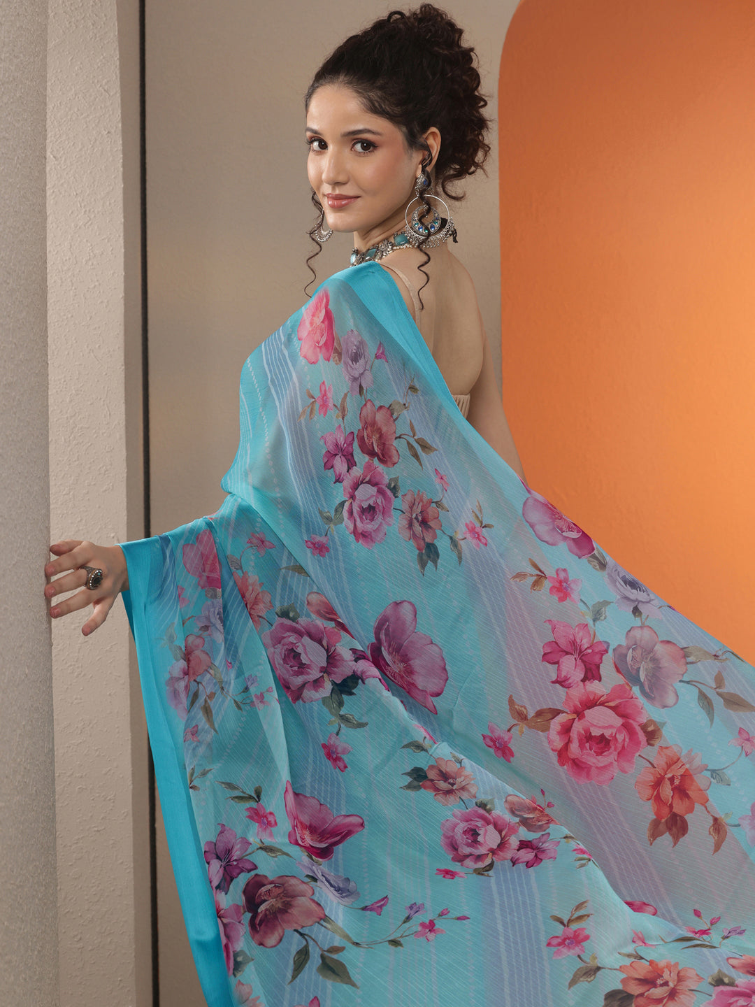 Blue Bandhani Printed Chinon Saree With Unstitched Blouse Piece