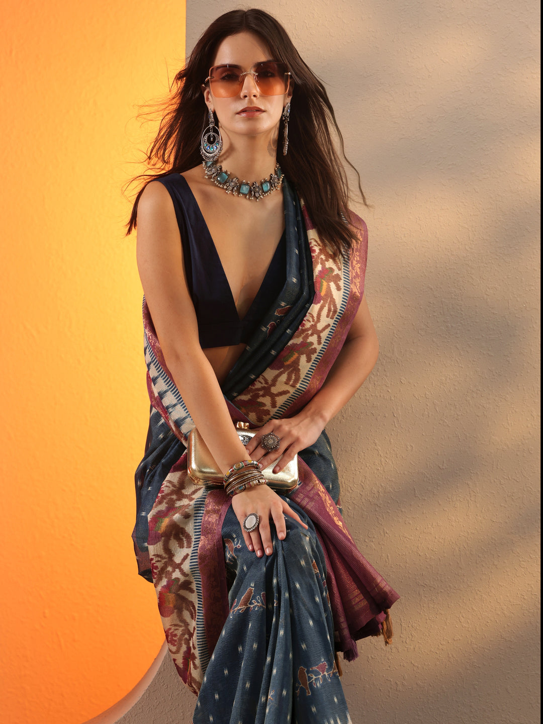 Blue Printed Chinon Saree With Unstitched Blouse Piece