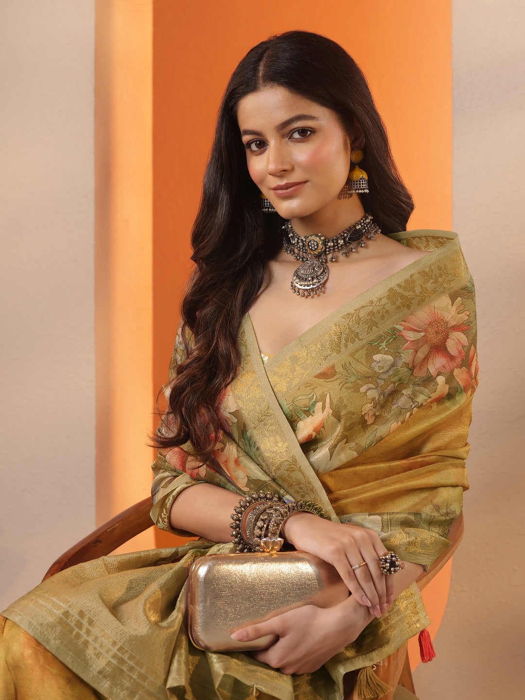 Mustard Printed Chinon Saree With Unstitched Blouse Piece