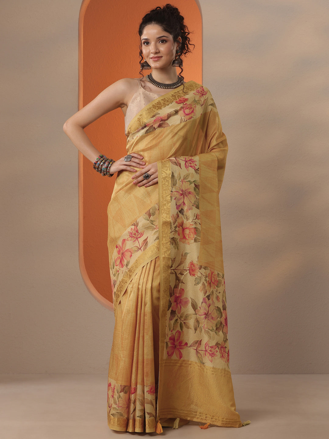 Mustard Printed Chinon Saree With Unstitched Blouse Piece