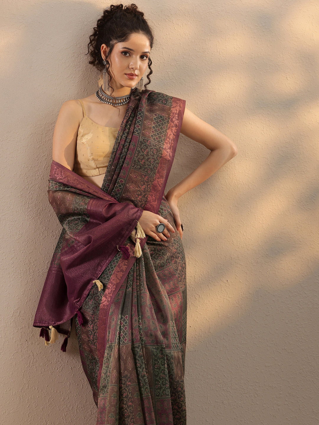 Brown Printed Chinon Saree With Unstitched Blouse Piece