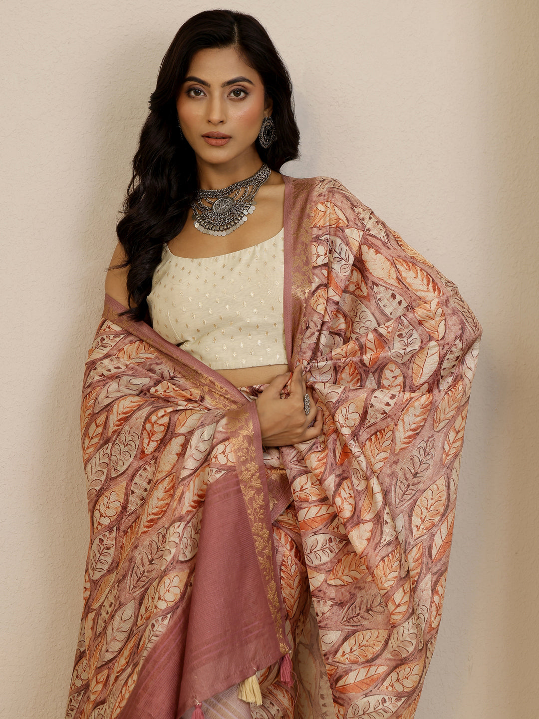 Mauve Printed Chinon Saree With Unstitched Blouse Piece