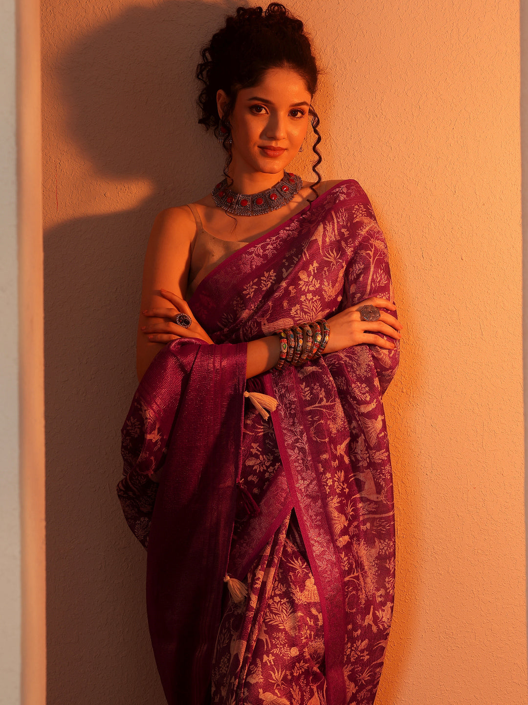 Burgundy Tribal Printed Chinon Saree With Unstitched Blouse Piece