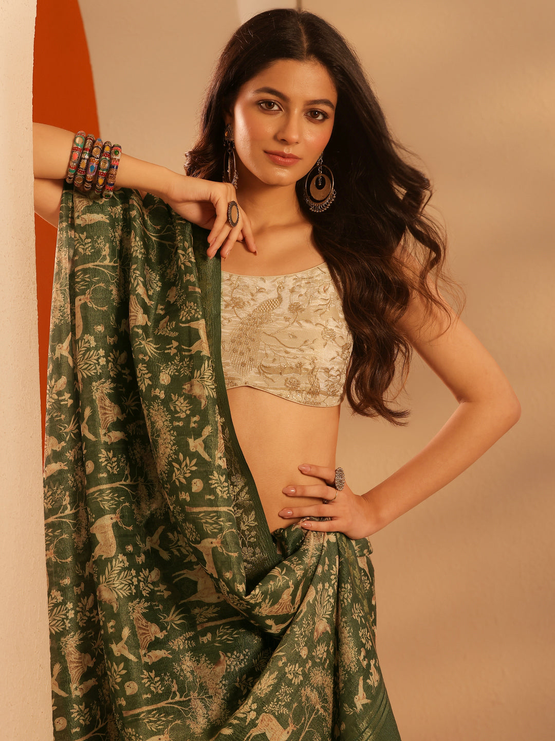 Green Tribal Printed Chinon Saree With Unstitched Blouse Piece