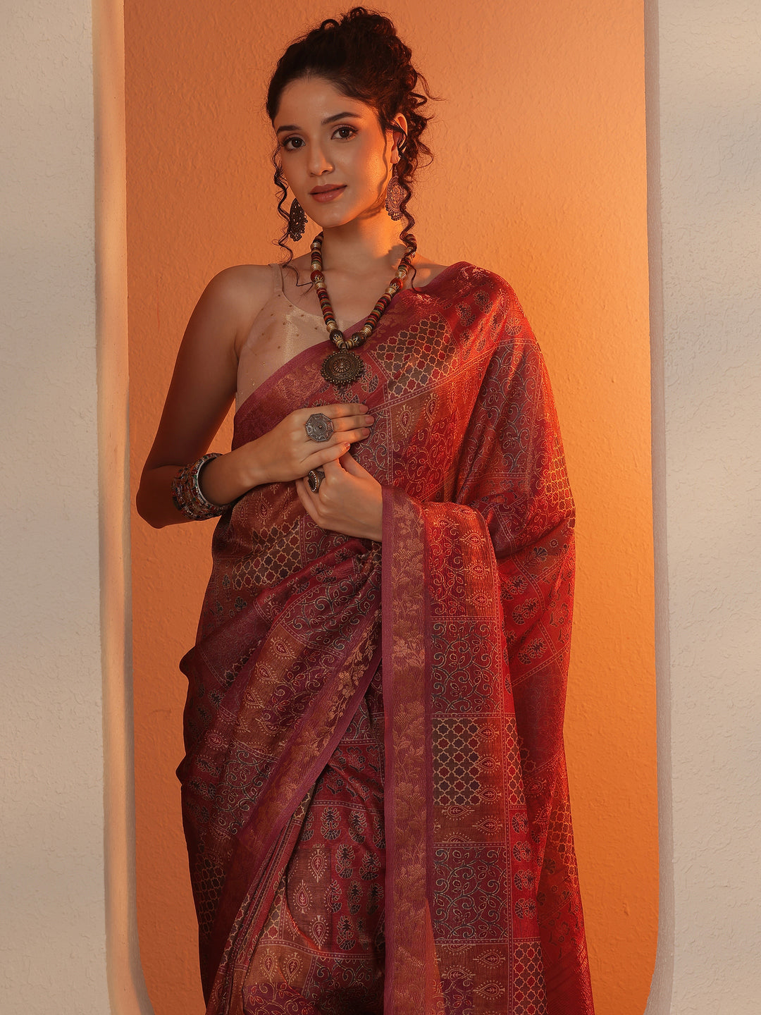Burgundy Printed Chinon Saree With Unstitched Blouse Piece