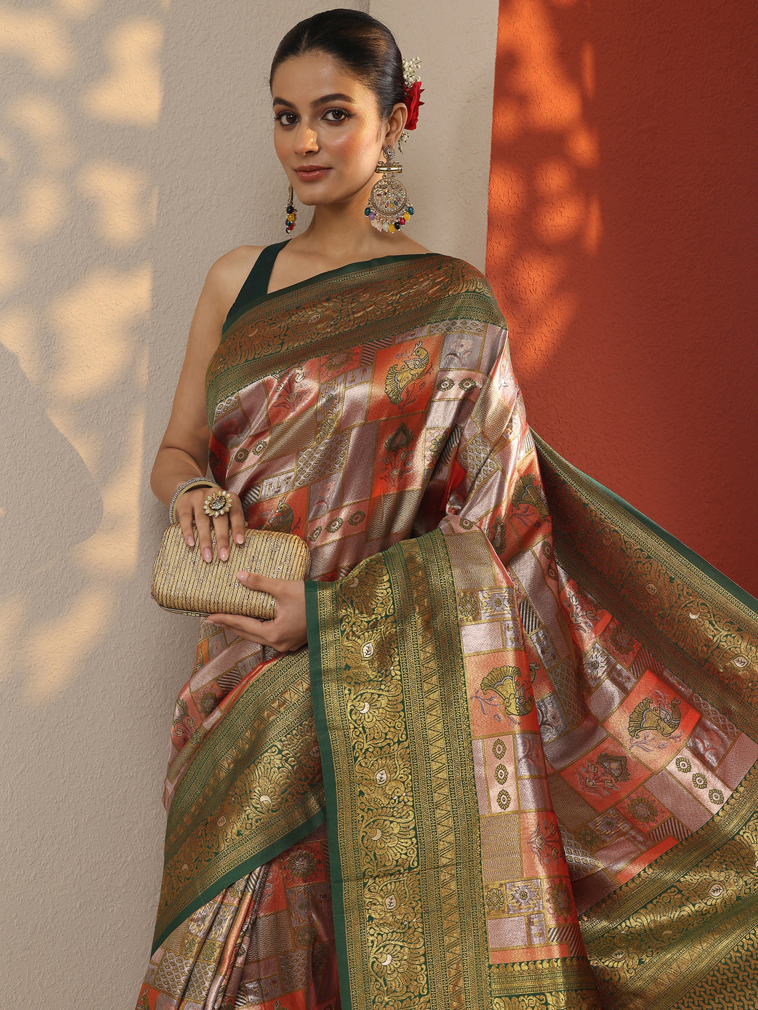 Red Woven Design Silk Blend Saree With Unstitched Blouse Piece