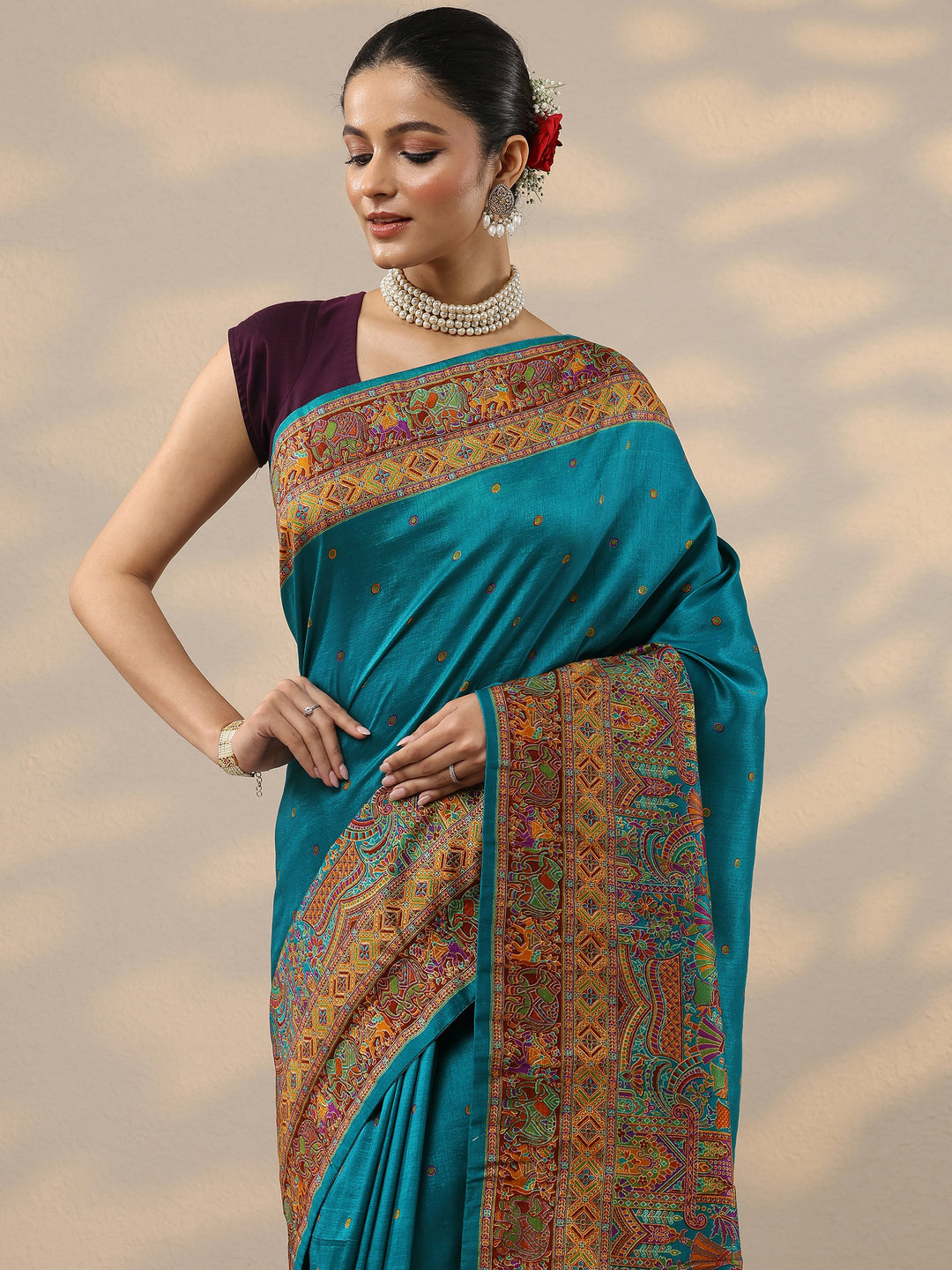 Teal Printed Silk Blend Saree With Unstitched Blouse Piece