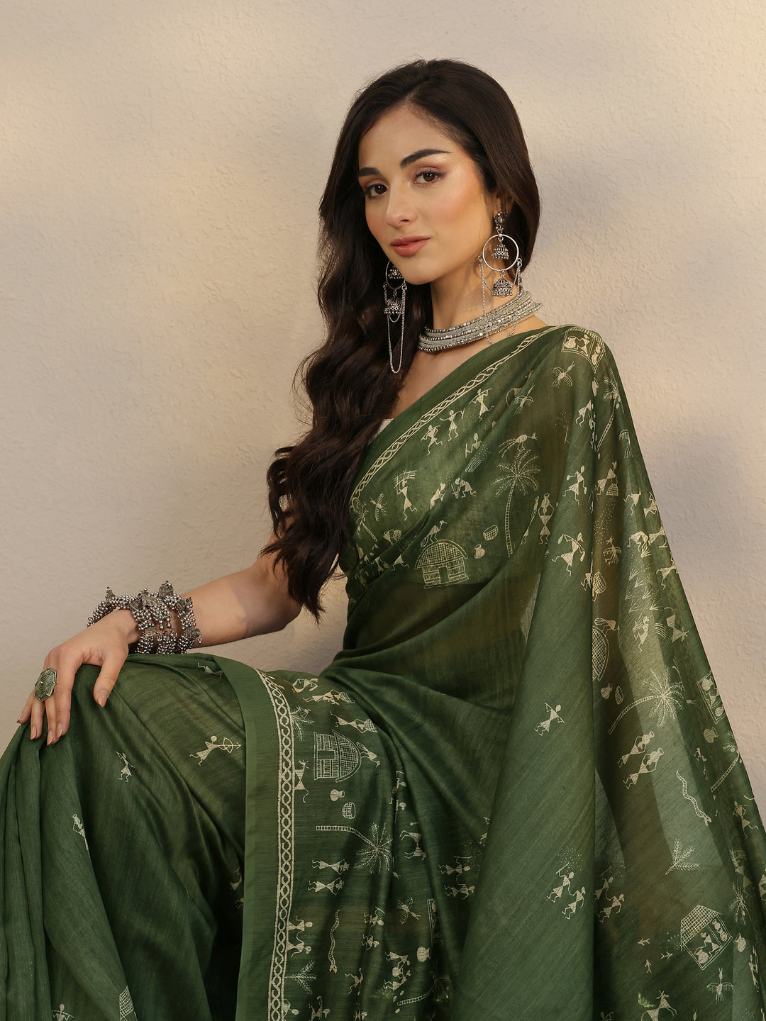 Green Printed Silk Blend Saree With Unstitched Blouse Piece