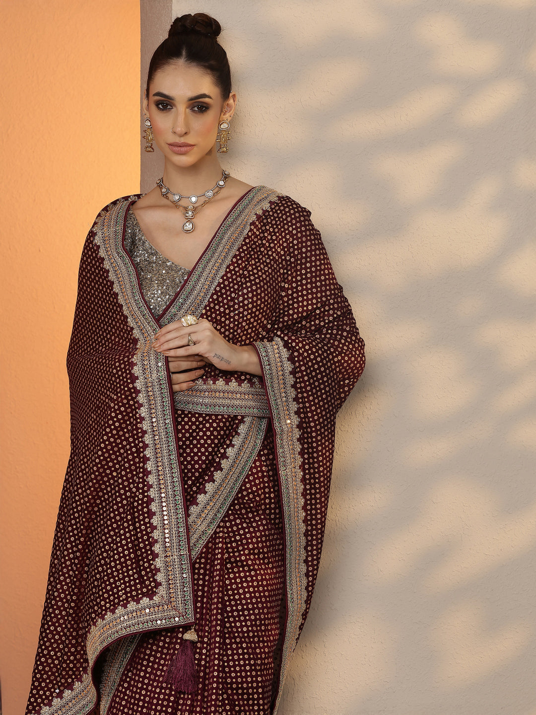 Burgundy Printed Silk Blend Saree With Unstitched Blouse Piece