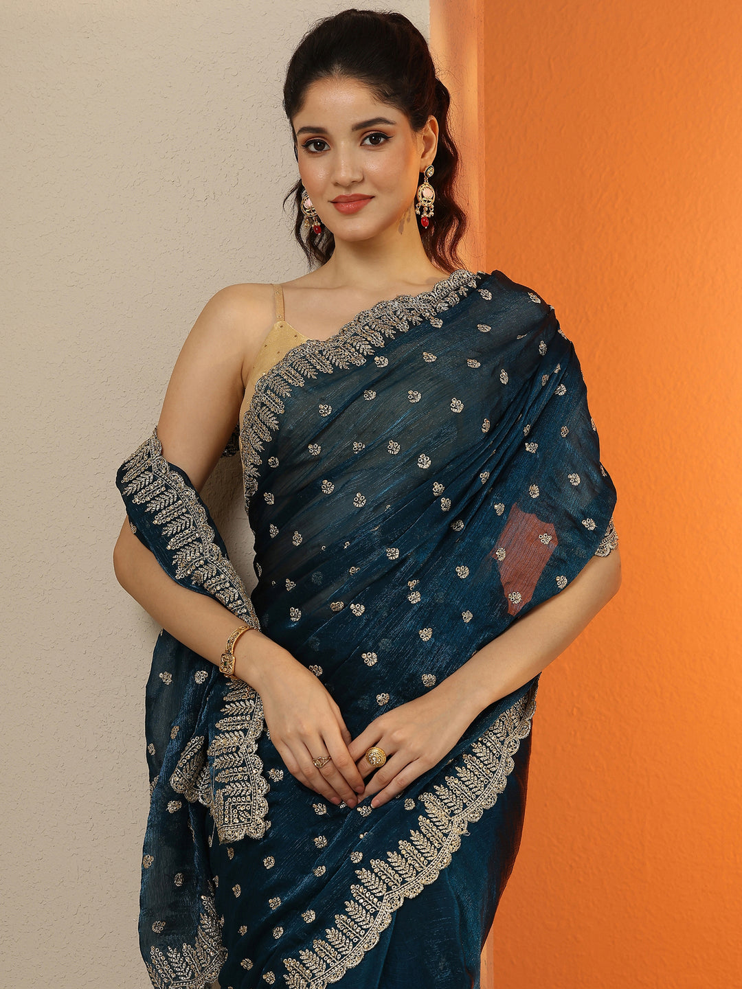 Teal Embroidered Organza Saree With Unstitched Blouse Piece