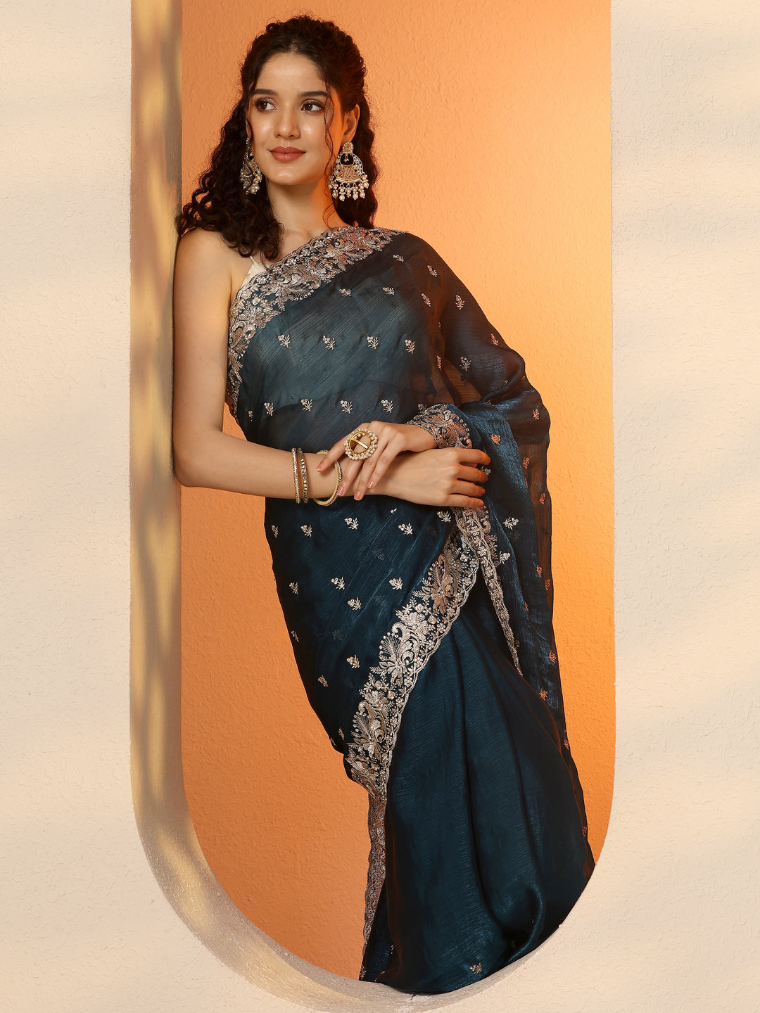 Teal Embroidered Organza Saree With Unstitched Blouse Piece
