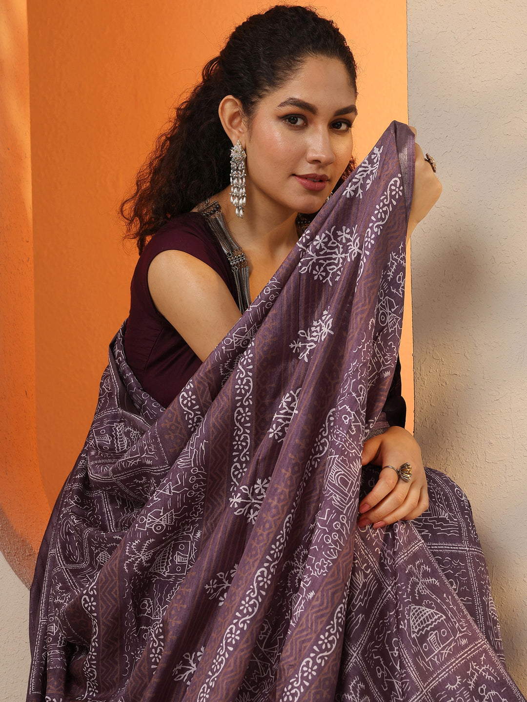 Mauve Printed Silk Blend Saree With Unstitched Blouse Piece