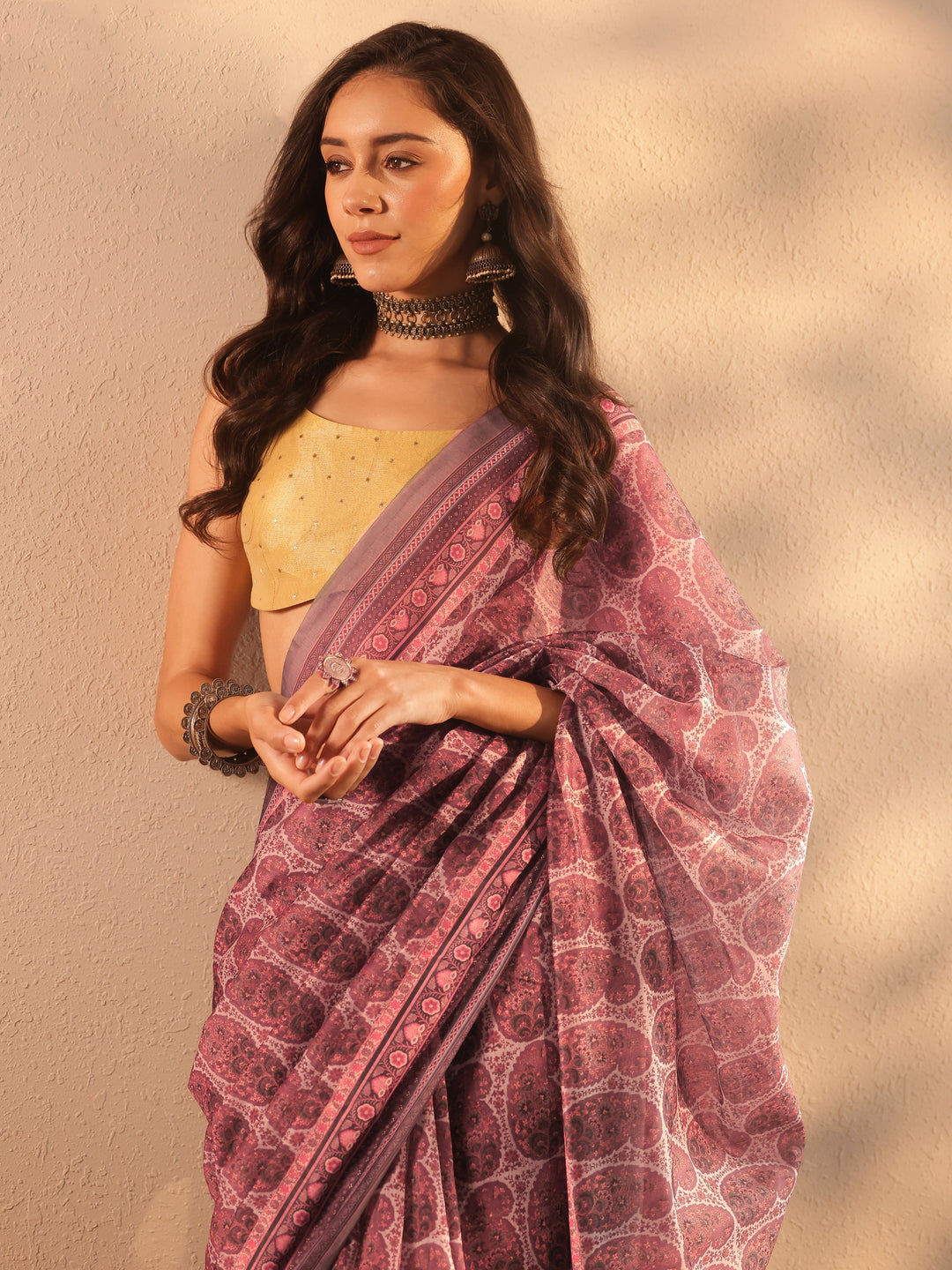 Grey Printed Silk Blend Saree With Unstitched Blouse Piece