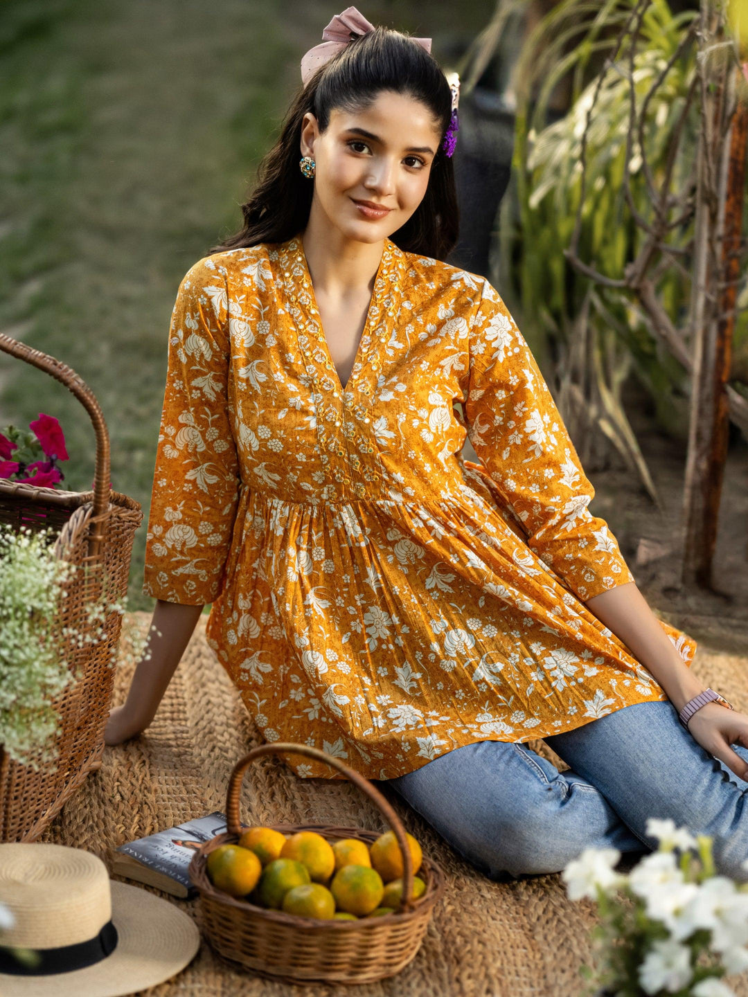 Mustard Printed Cotton Anarkali Short Kurti