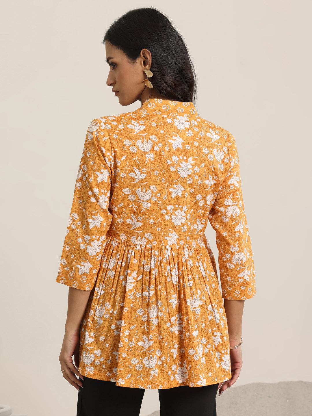 Mustard Printed Cotton Anarkali Short Kurti