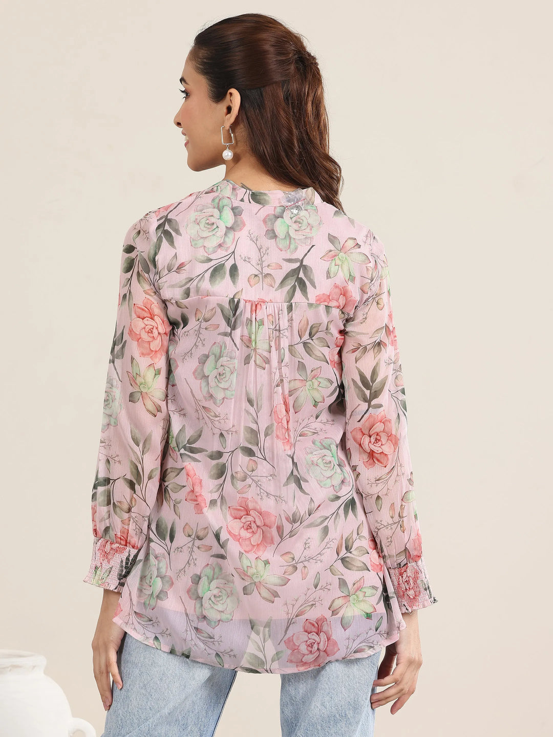 Pink Printed Chiffon Straight Short Kurti