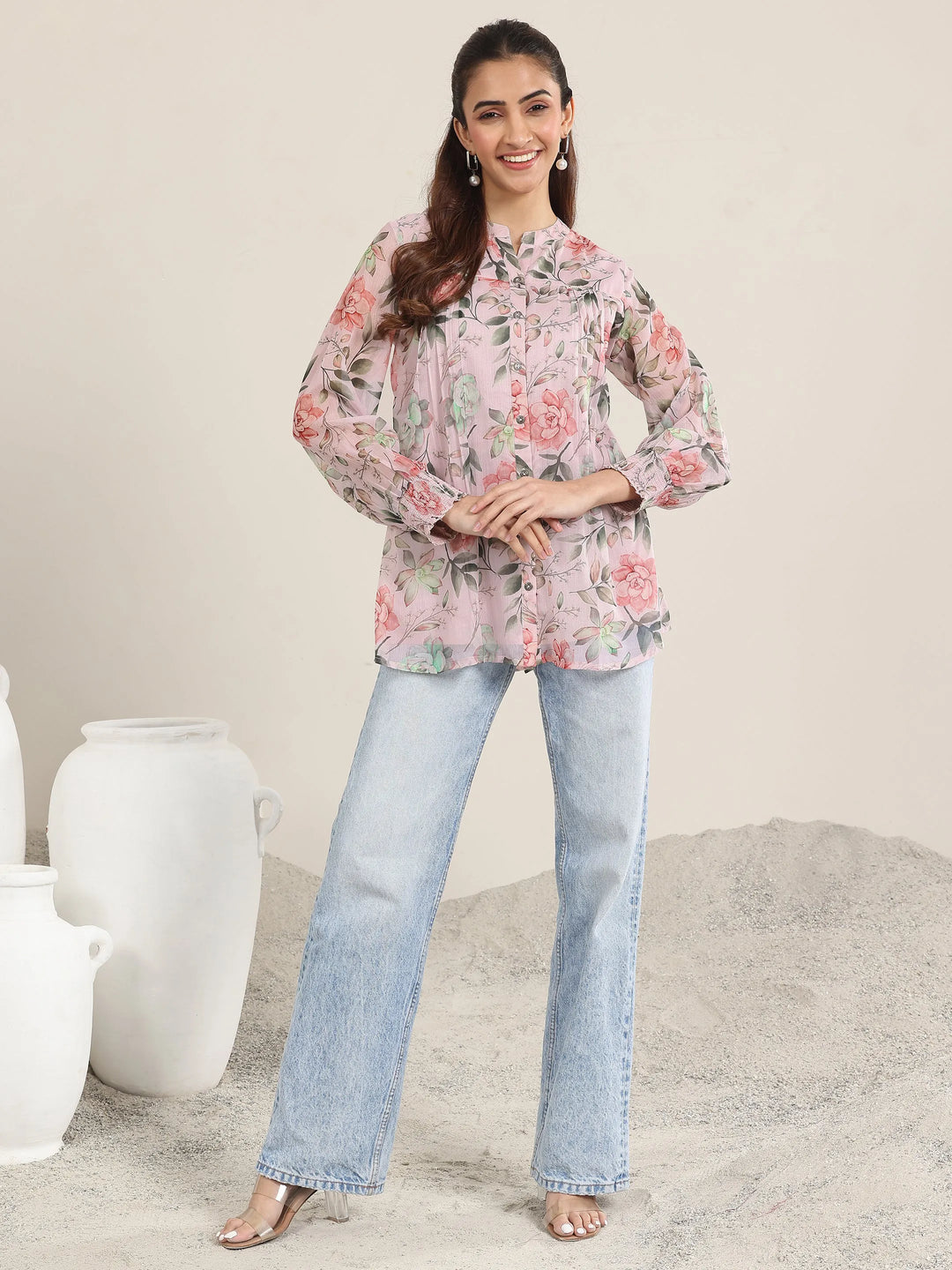Pink Printed Chiffon Straight Short Kurti