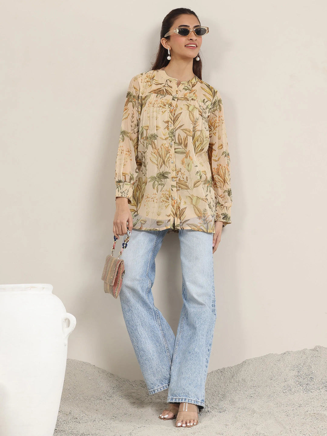 Beige Printed Chiffon Straight Short Kurti