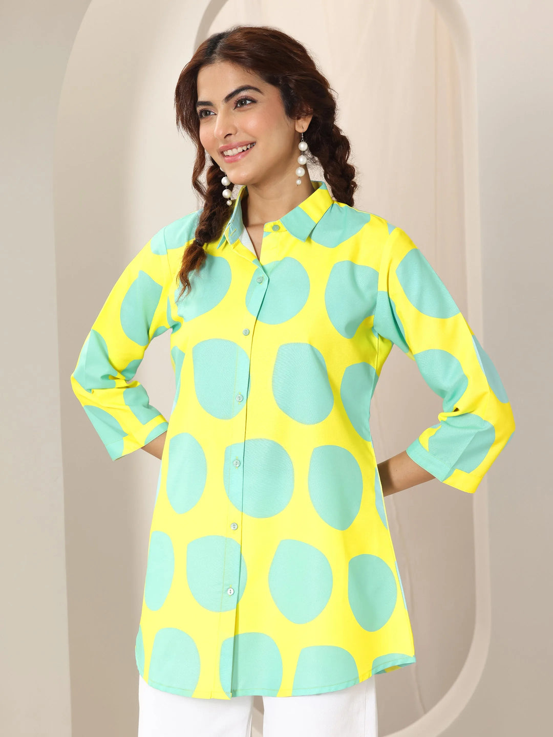 Yellow Printed Rayon straight Short Kurti