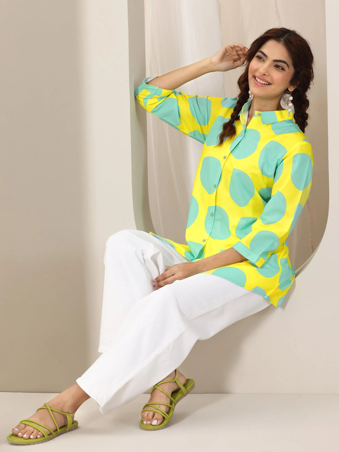 Yellow Printed Rayon straight Short Kurti
