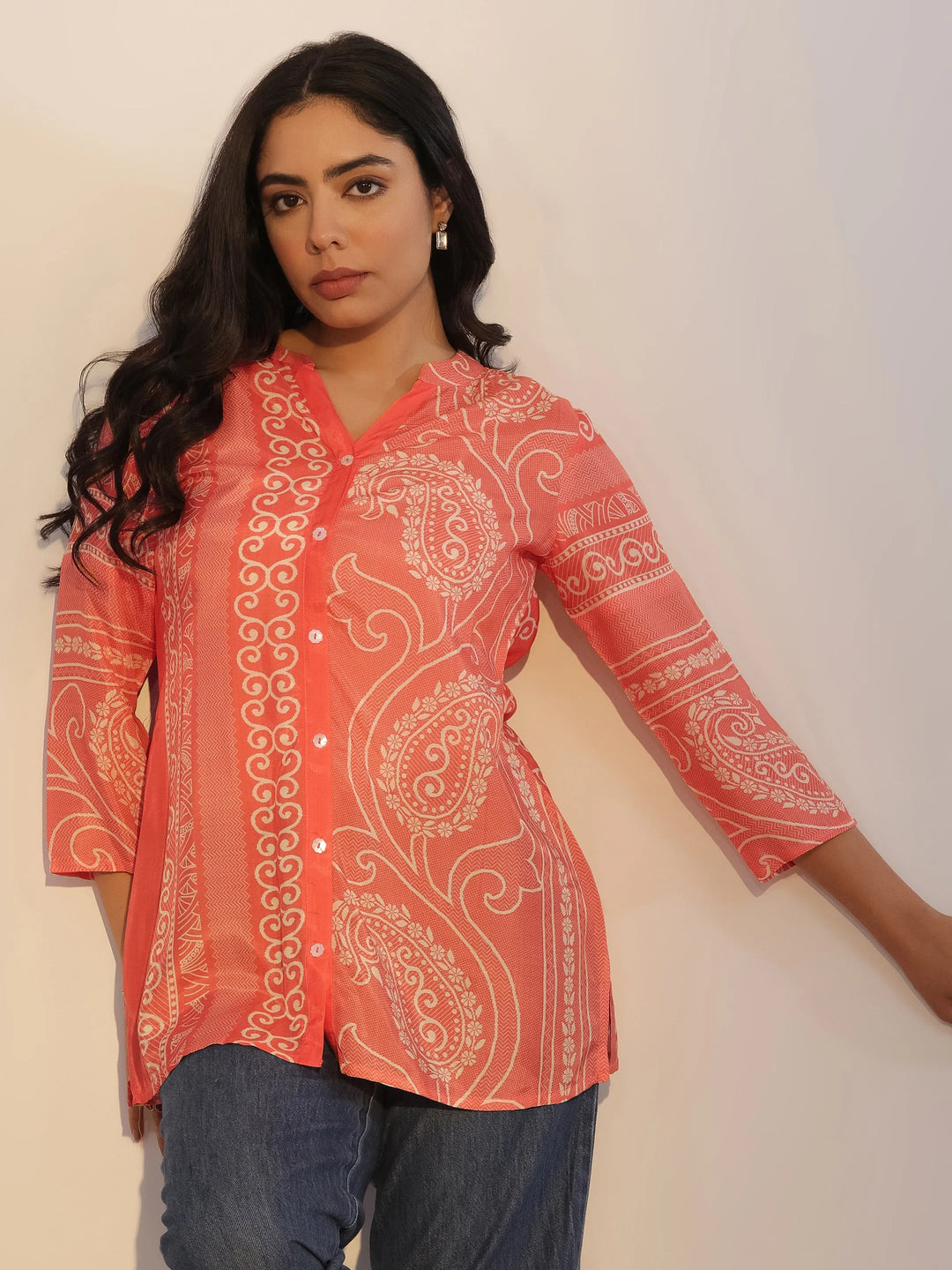 Orange Printed Silk Blend Tunic