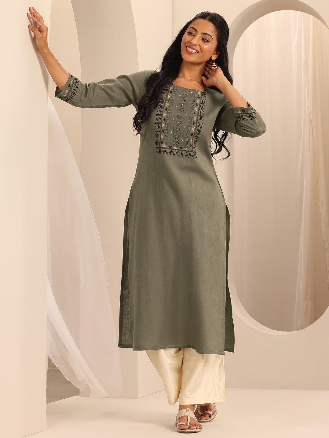Taupe Printed Cotton Blend Straight Kurta