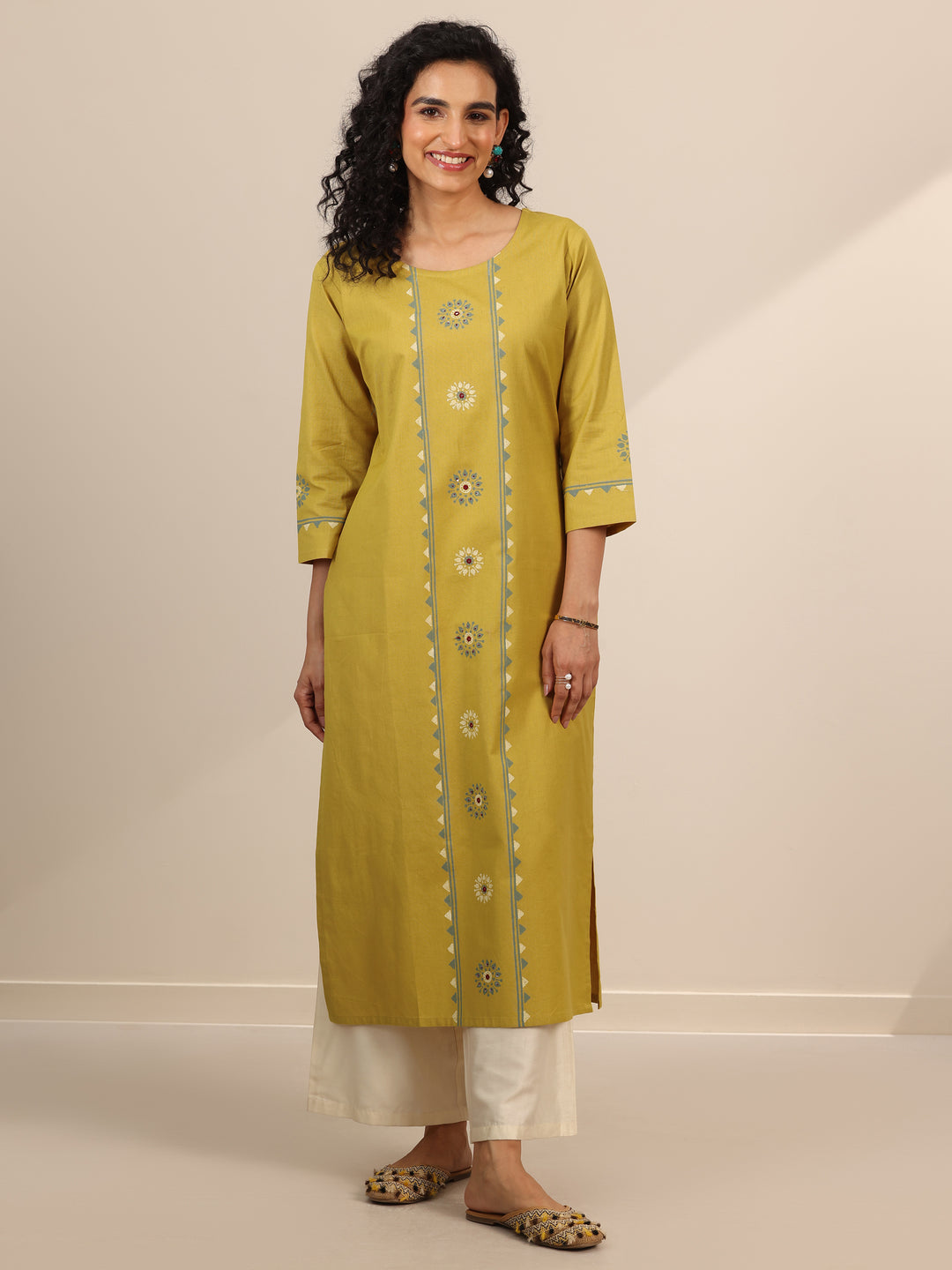 Yellow Printed Cotton Blend Straight Kurta