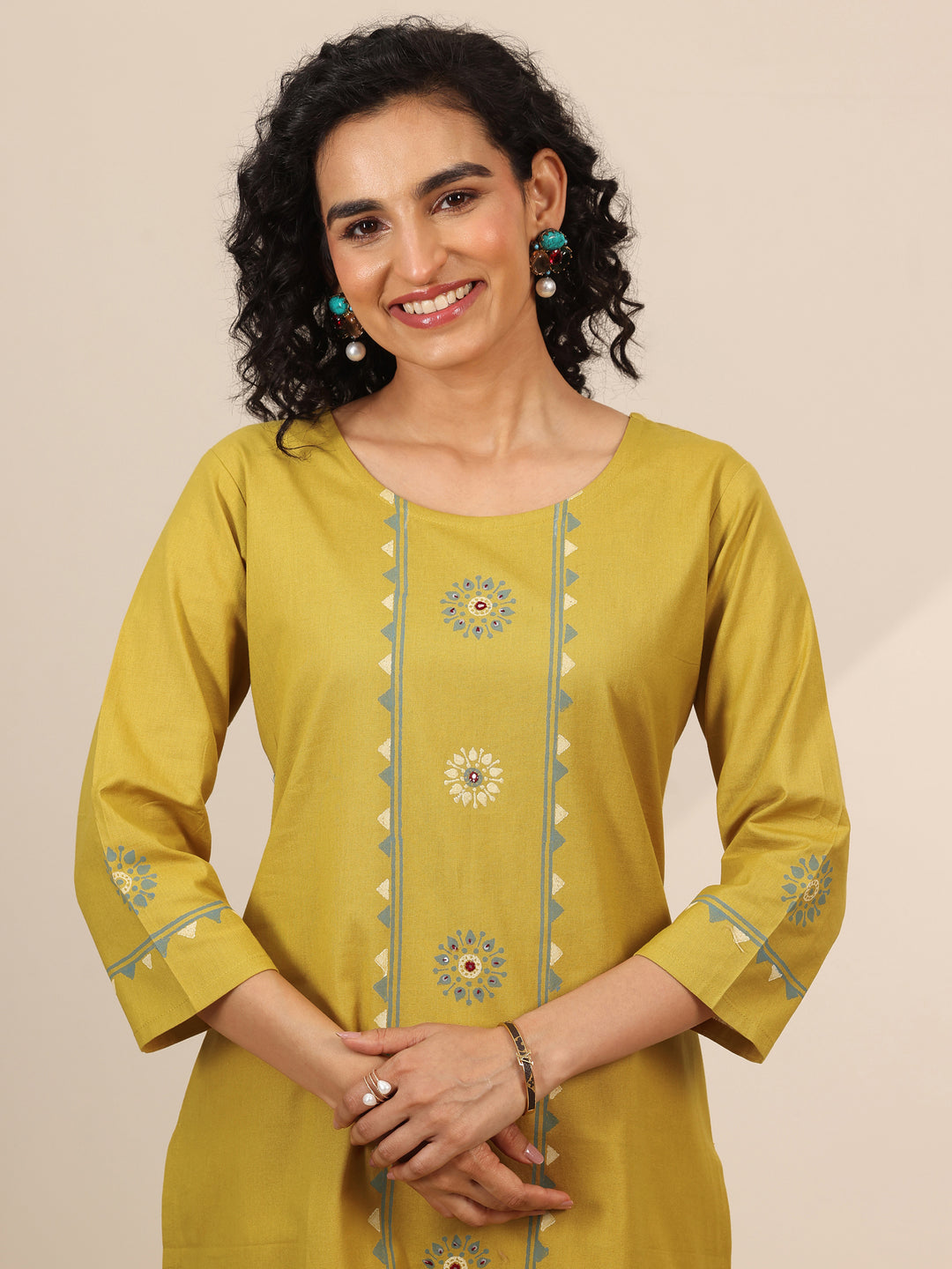 Yellow Printed Cotton Blend Straight Kurta