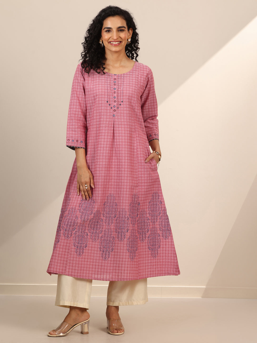 Coral Printed Cotton Blend A-Line Kurta