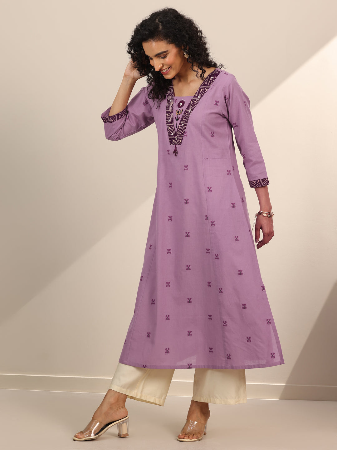 Lavender Woven Cotton Blend A-Line Kurta
