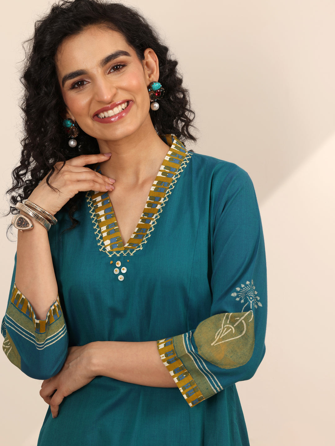 Teal Printed Cotton Blend A-Line Kurta